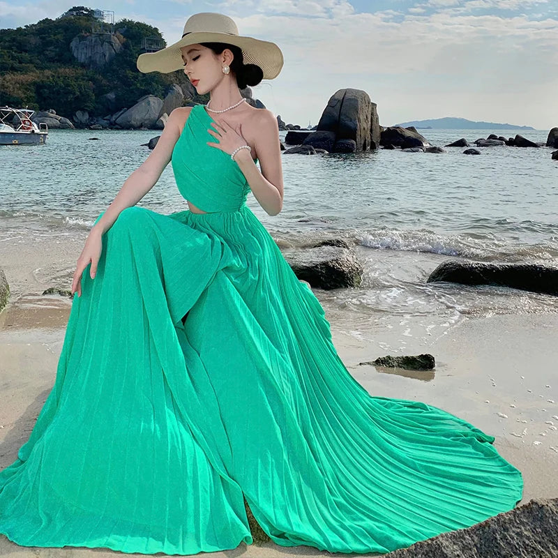 Stylegoing Elegant Emerald One Shoulder Maxi Beach Dress