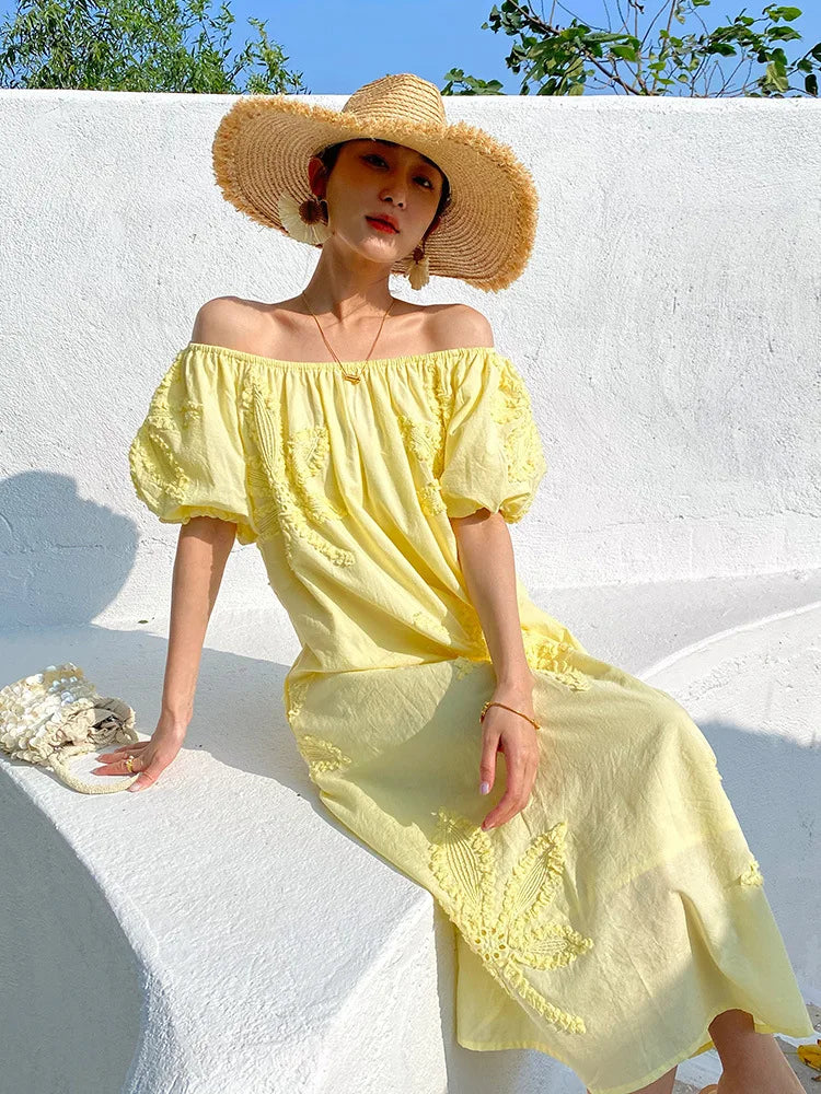 Yellow off the shoulder summer dress 2025