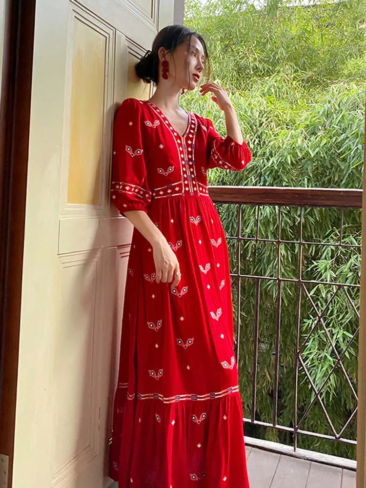 Red long sleeve boho dress on sale