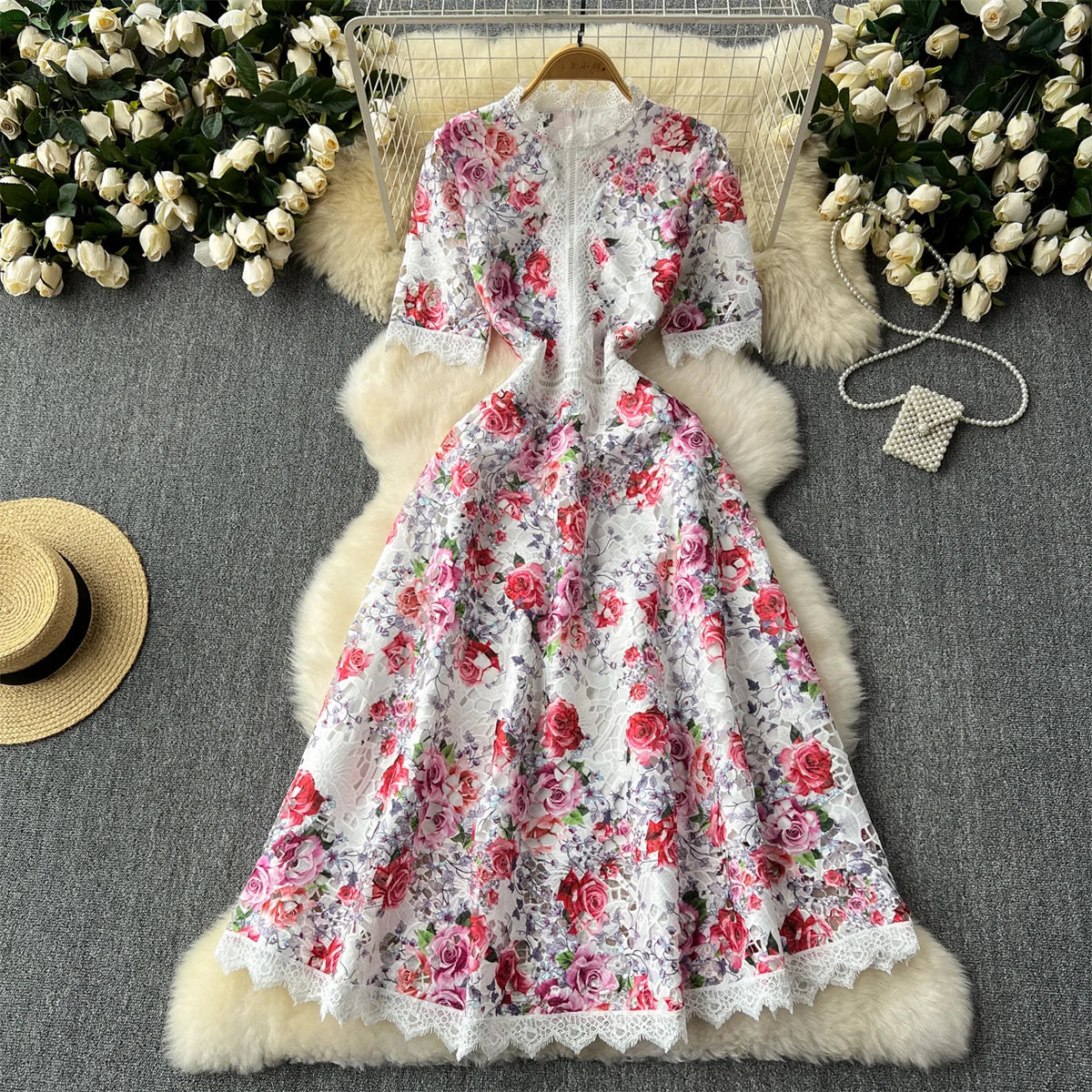 Vintage Floral Lace Dress With Pink Roses
