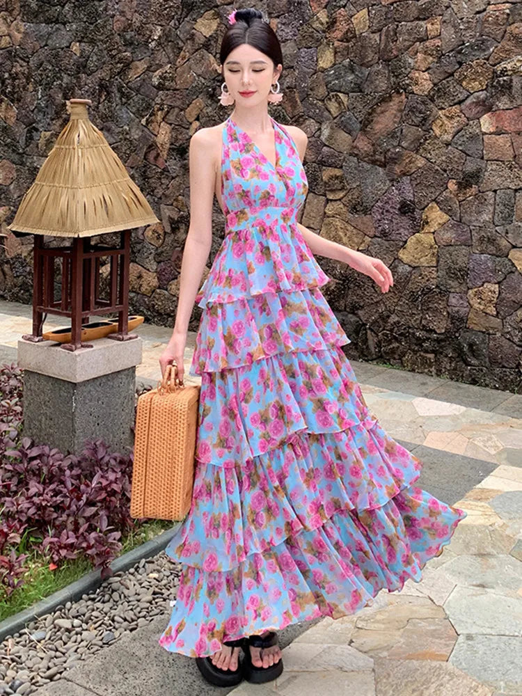 Stylegoing Floral Tiered Halter Maxi Dress Summer Fashion