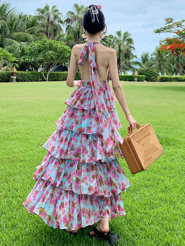 taylor petite halter belted tiered floral maxi dress ASTR the Label | Adamaris Floral Ruffle Halter Maxi Dress in Blue Floral
