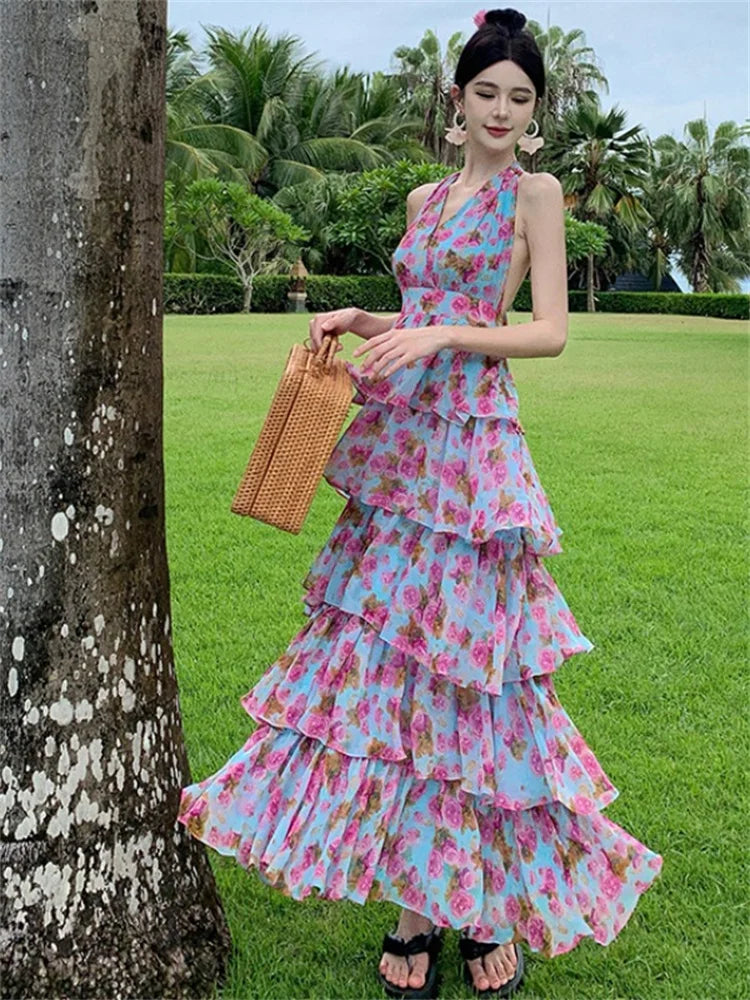 Floral Tiered Halter Maxi Dress Summer Fashion