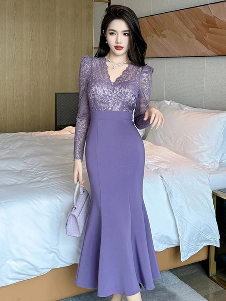 knee length dresses for ladies Beaded Mermaid Sweetheart Light Purple Lace Prom Dresses Pic Color / US10