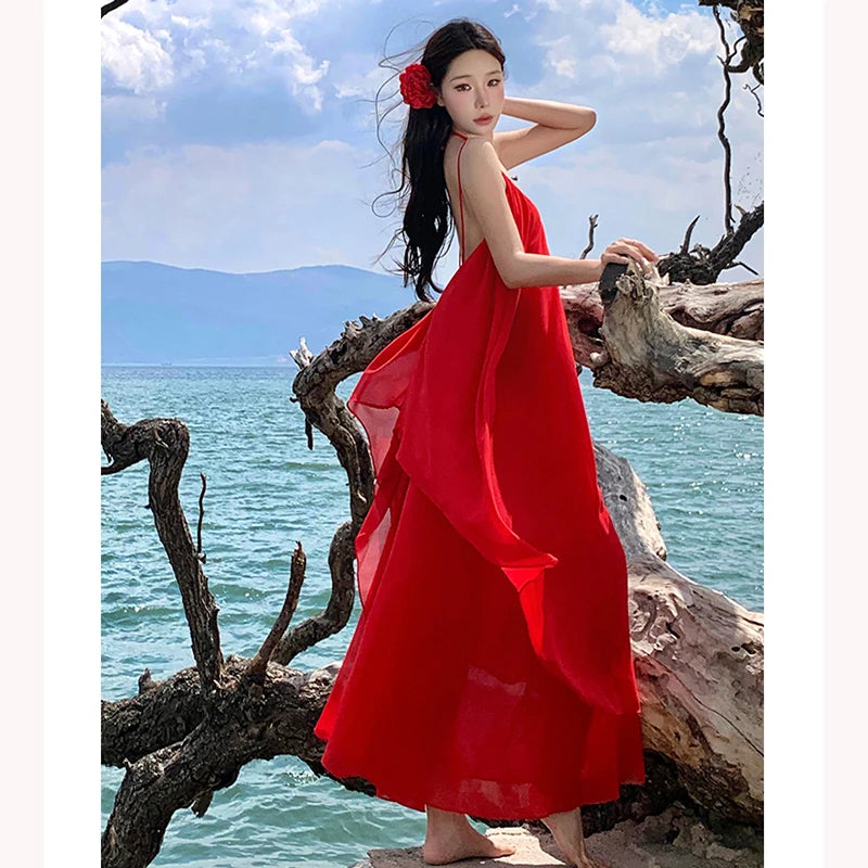 Flowy Red Backless Beach Dress For Women on Luulla