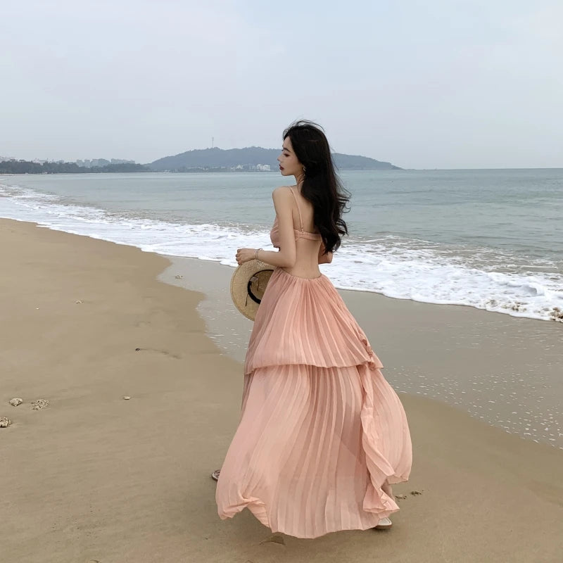 Elegant Pleated Peach Beach Dress With Cutouts on Luulla