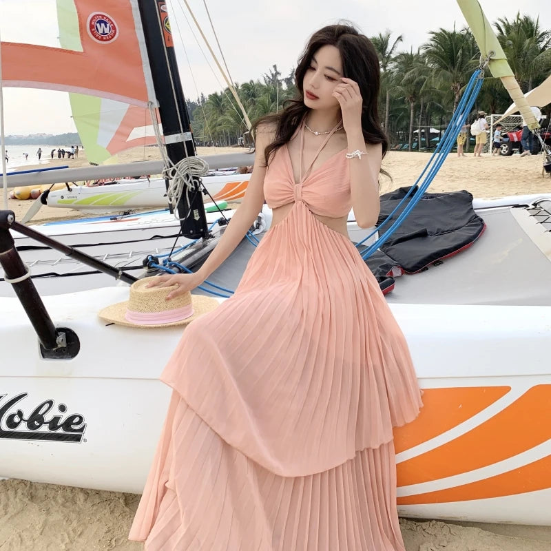Elegant Pleated Peach Beach Dress With Cutouts on Luulla