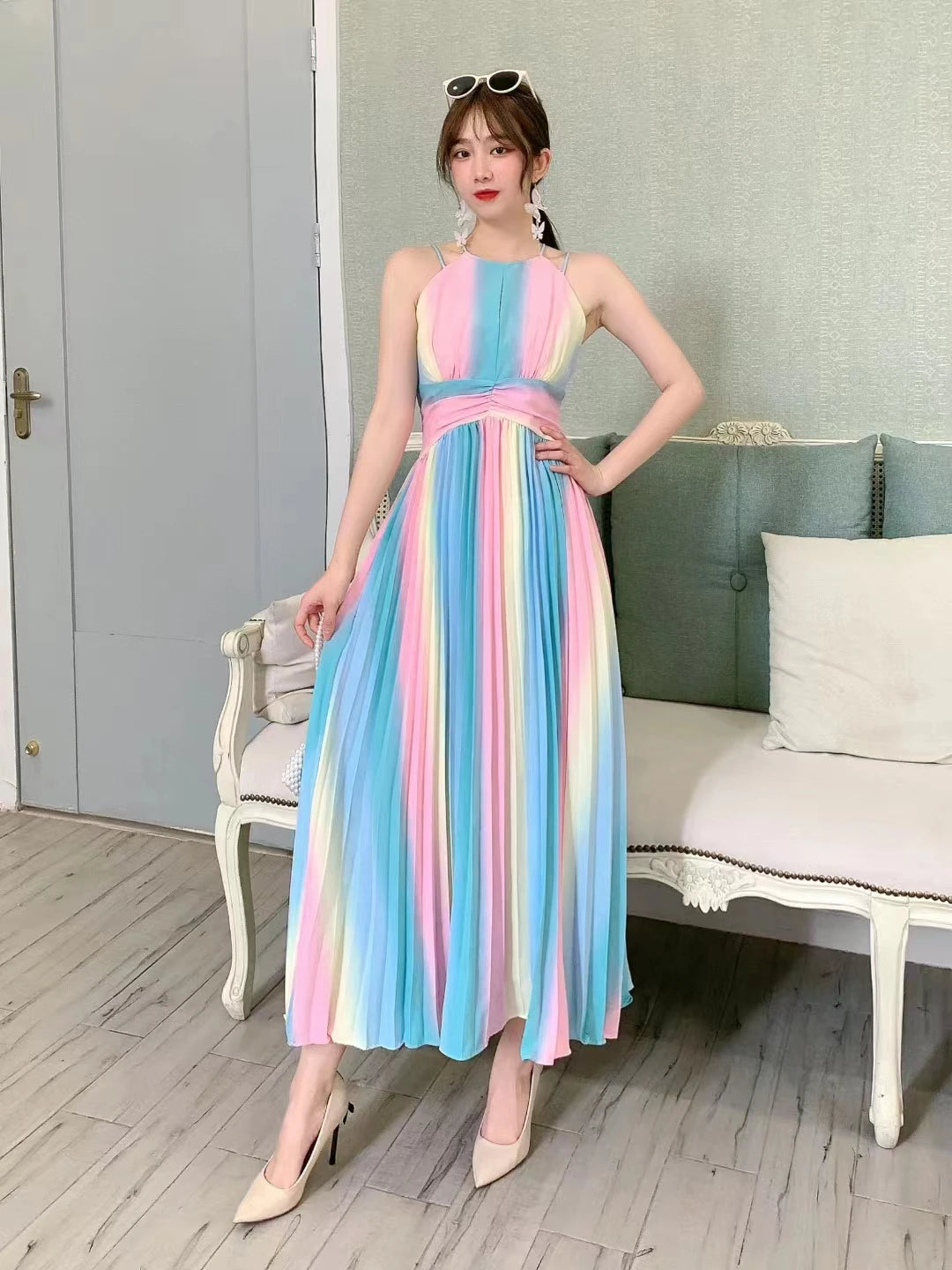 Pastel Rainbow Maxi Dress With Halter Neck
