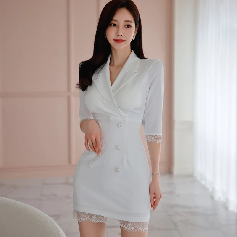 Elegant White Lace Trim Blazer Dress on Luulla
