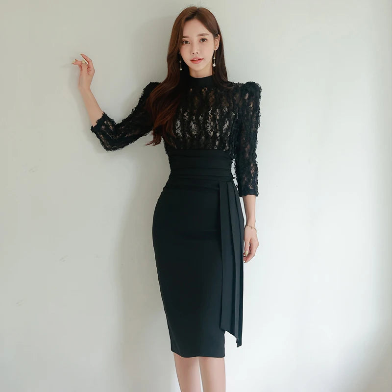 Elegant Black Lace Bodycon Midi Dress on Luulla