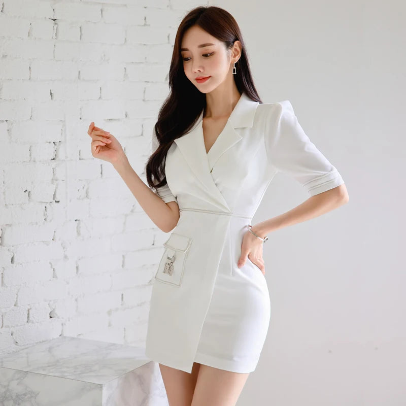 navy blue dress for baby girl Elegant White Blazer Dress with Asymmetric Hem
