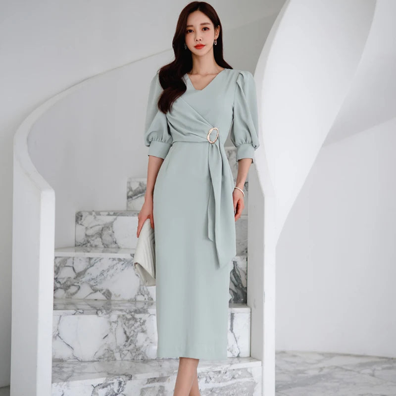 Elegant Wrap Midi Dress With Puff Sleeves on Luulla