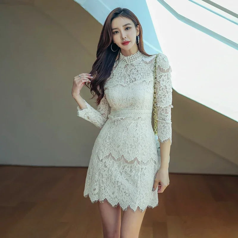 Elegant White Lace Long Sleeve Dress on Luulla