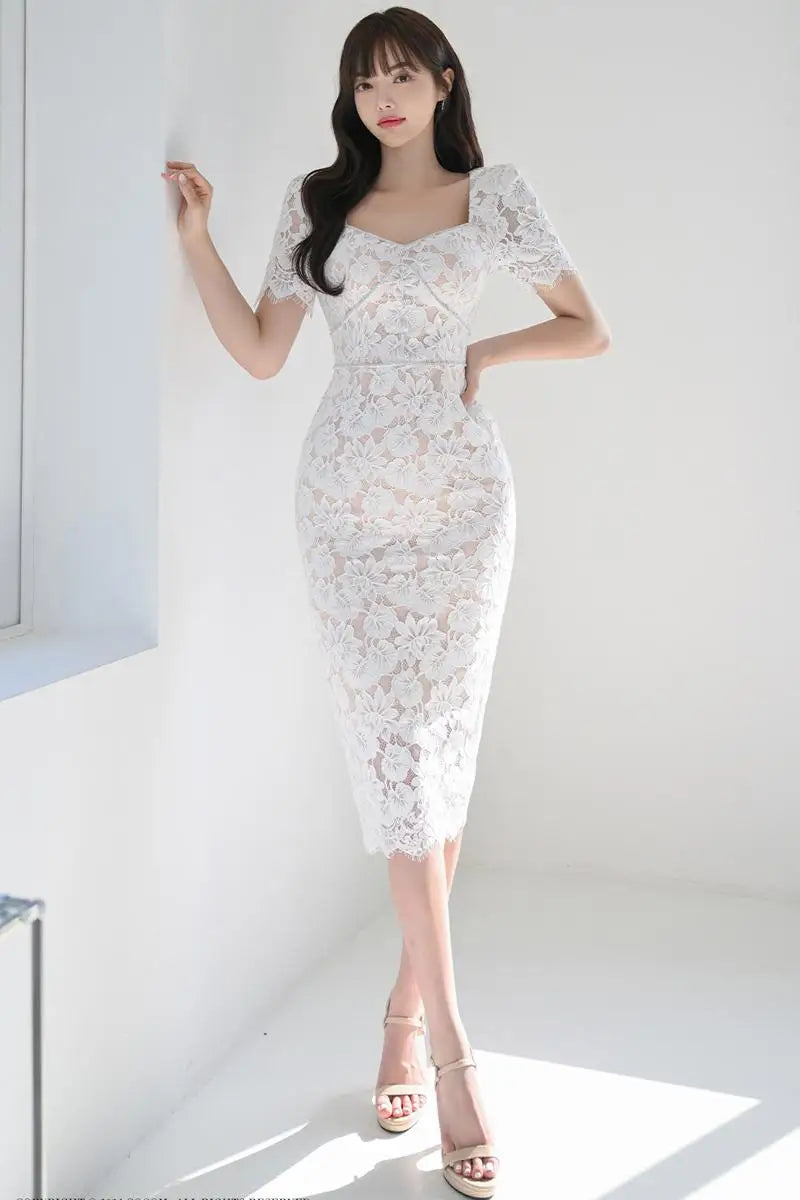 White Floral Lace Midi Bodycon Dress