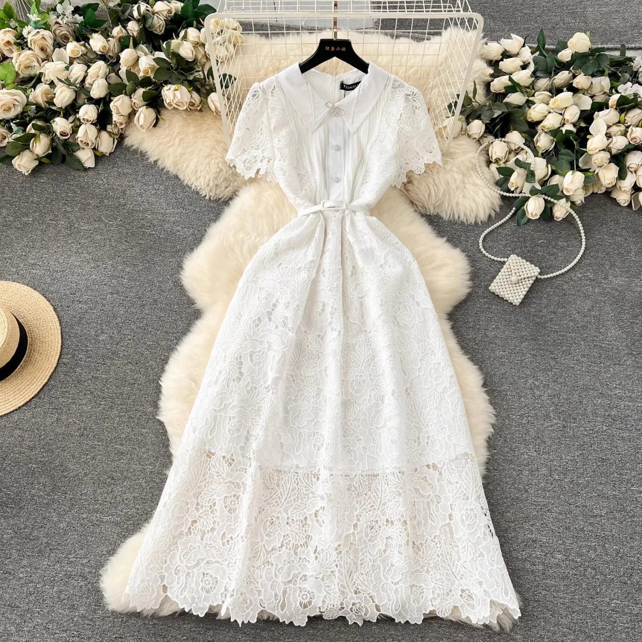 Elegant White Lace Button-down Midi Dress on Luulla