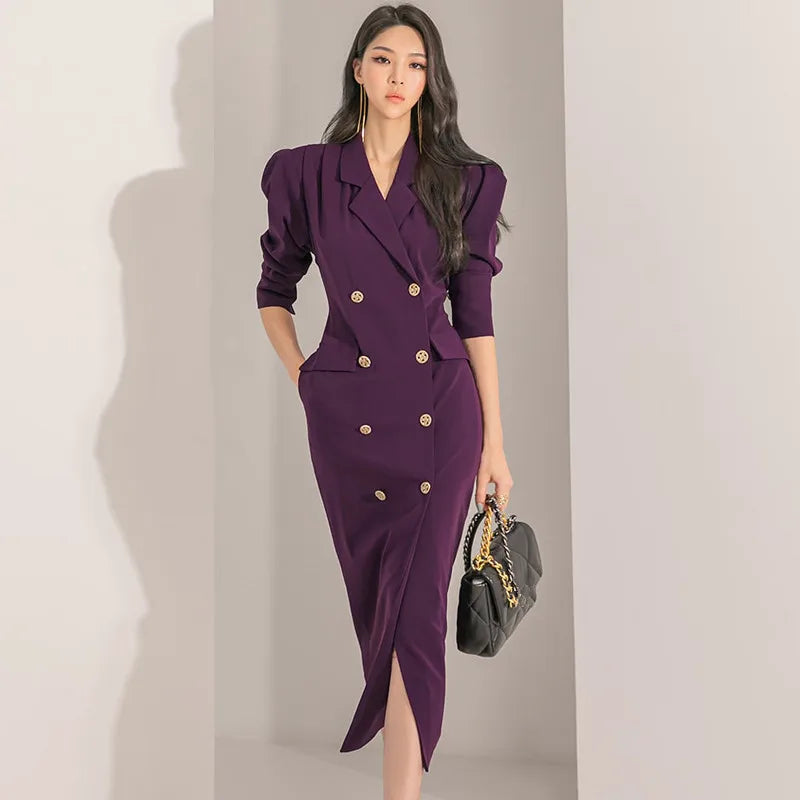Elegant Double-breasted Purple Midi Blazer Dress