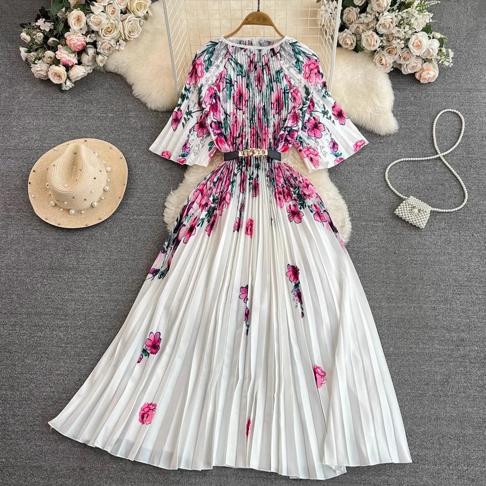 Floral Print Maxi Dress With Pleated Skirt on Luulla