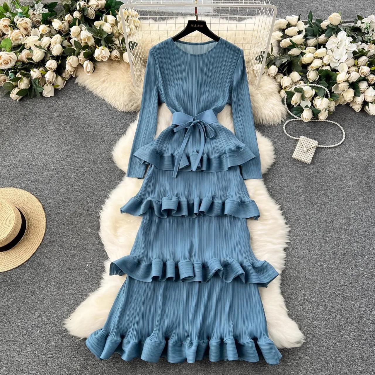 Elegant Long-sleeve Ruffle Tiered Midi Dress on Luulla
