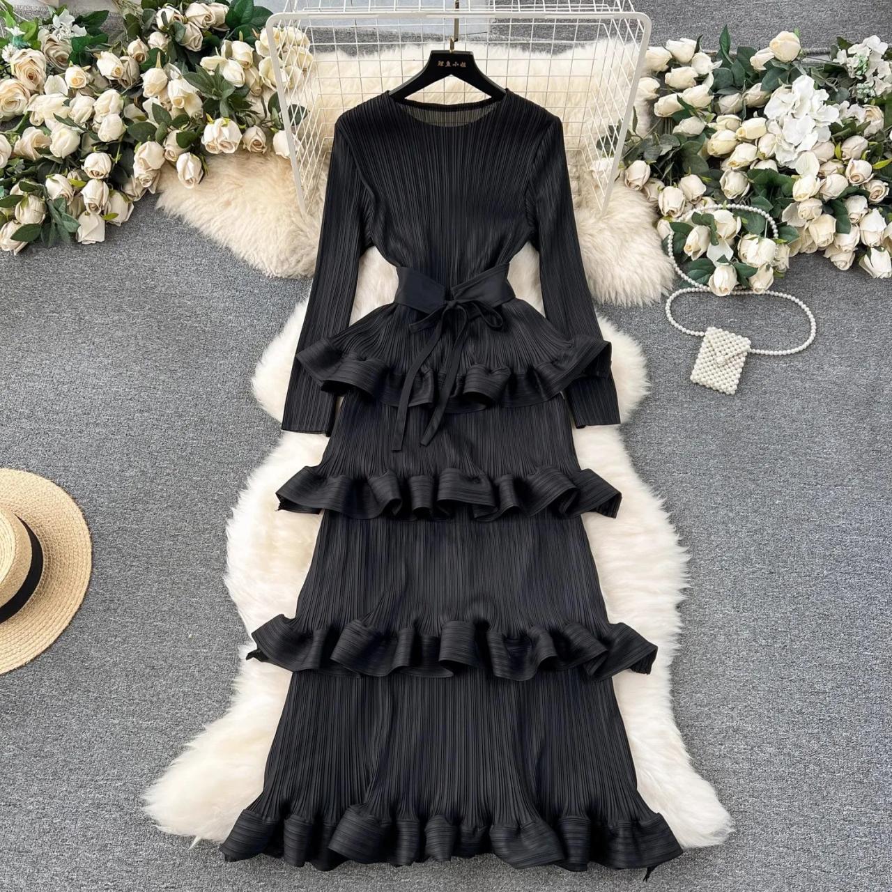 Elegant Long-sleeve Ruffle Tiered Midi Dress on Luulla