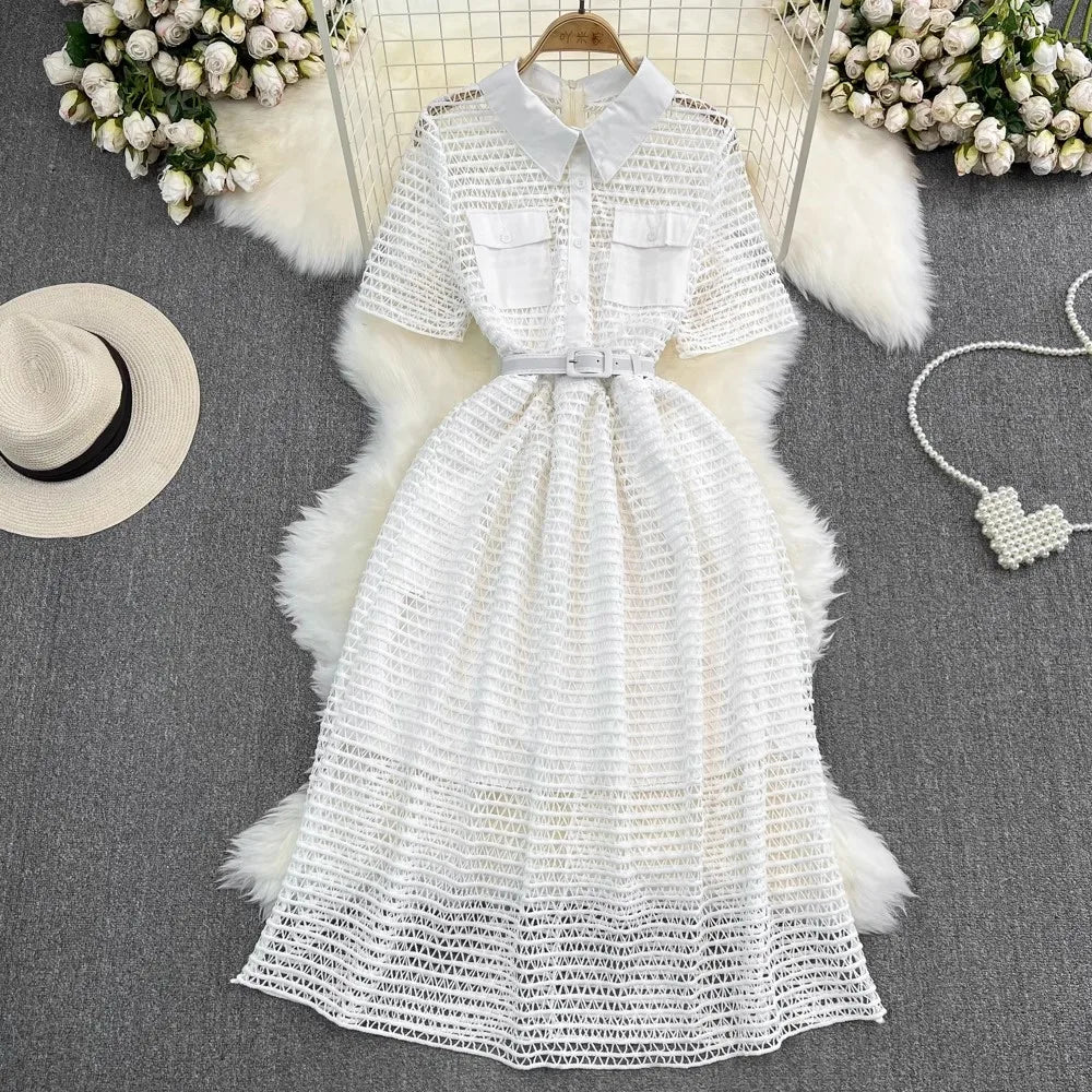 Elegant White Lace Dress With Belted Waist