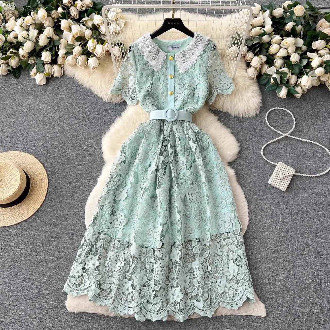 Elegant Mint Lace Dress With Pearl Buttons