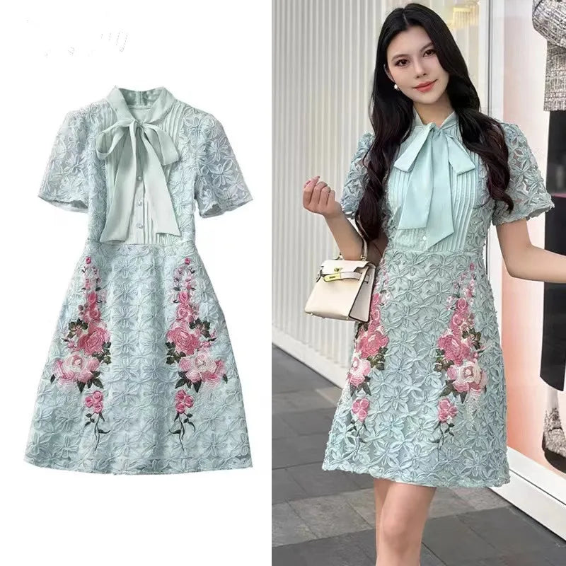 Embroidered Floral Lace A-line Dress With Bow on Luulla