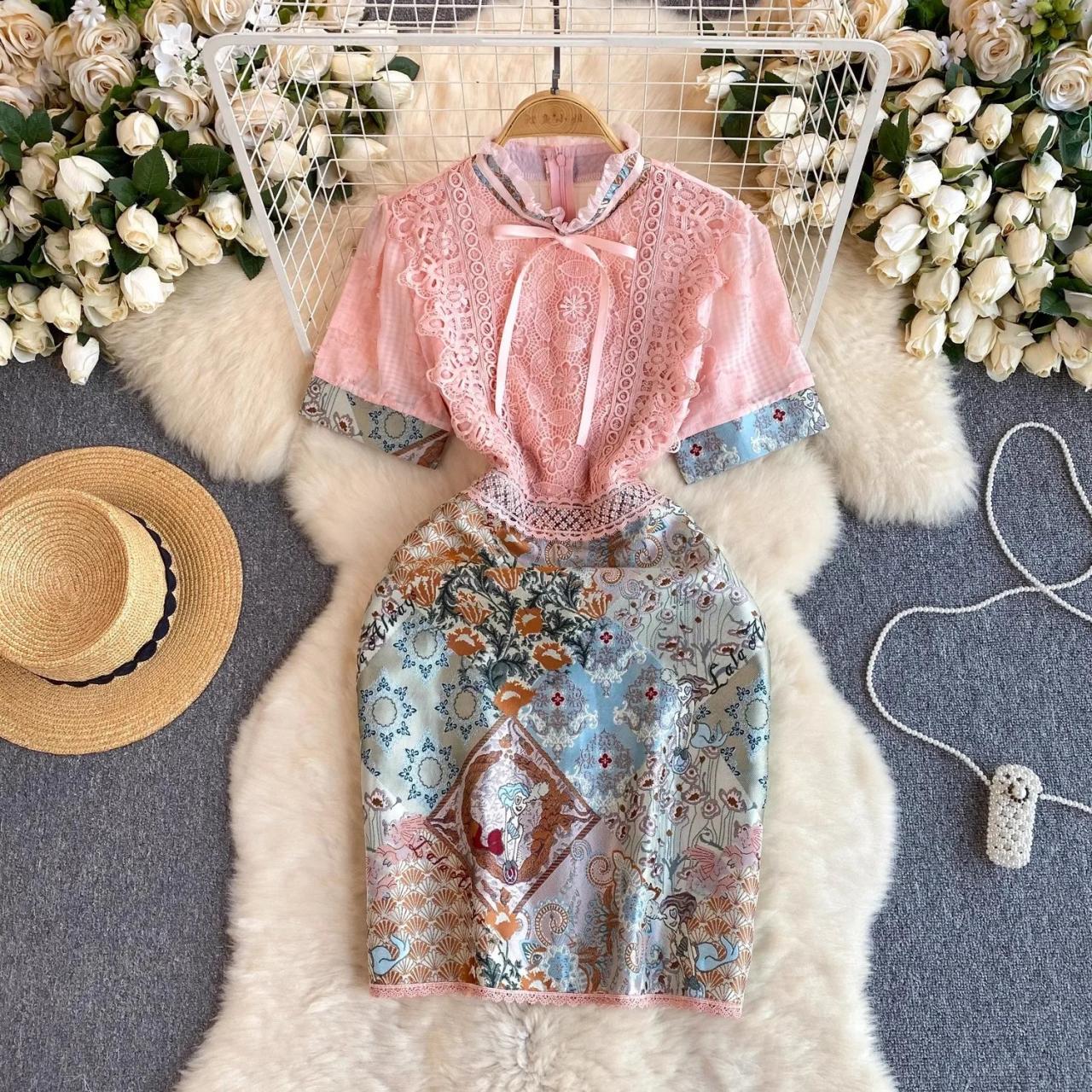 Vintage Floral Patchwork Lace Mandarin Dress on Luulla