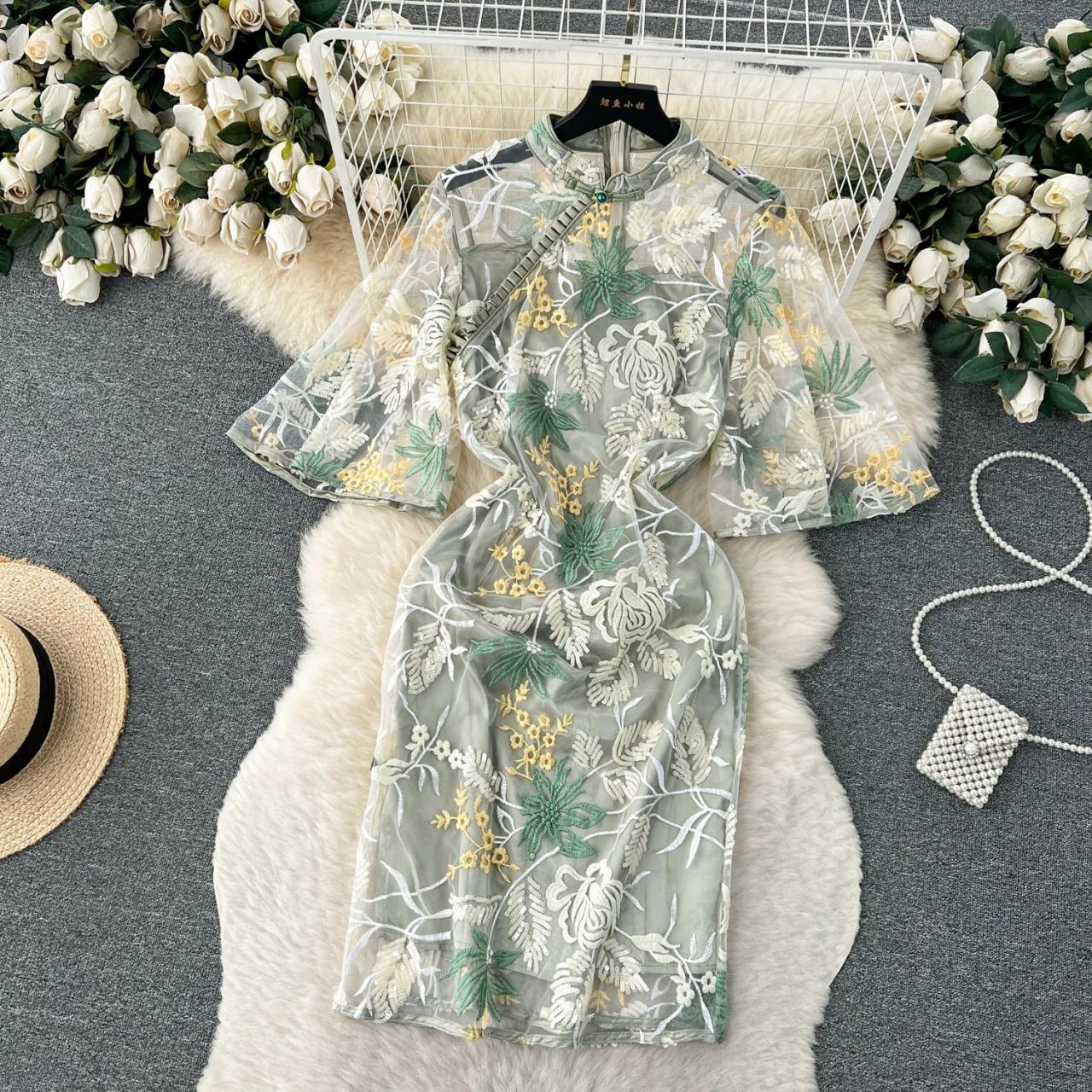 Sheer flower embroidered dress cheap