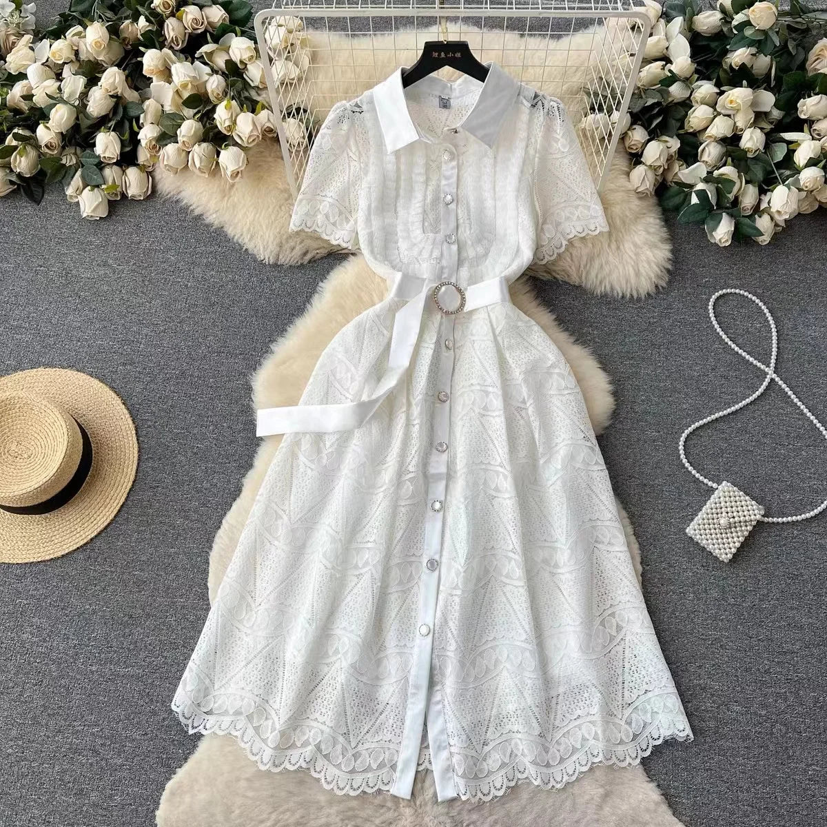 Elegant White Lace Button-down Midi Dress
