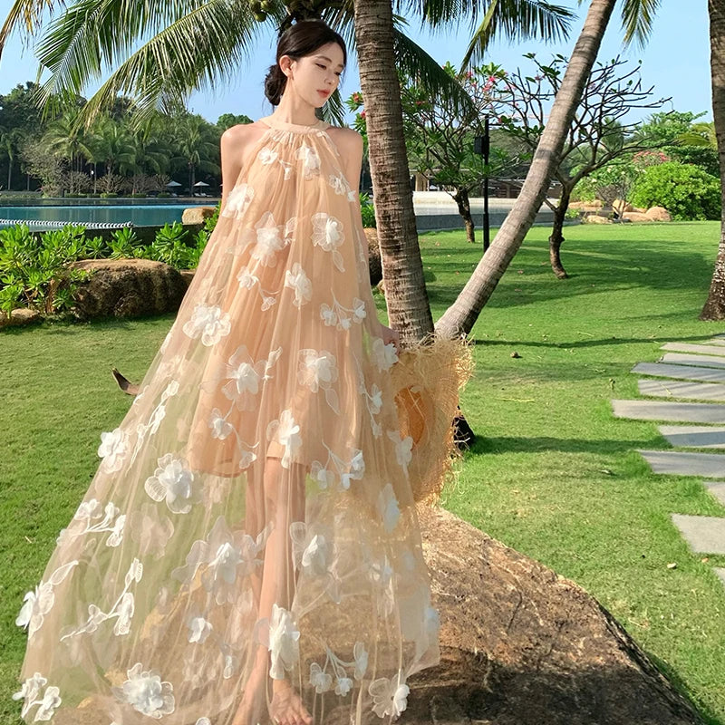 Elegant Floral Embroidered Sheer Beach Maxi Dress on Luulla