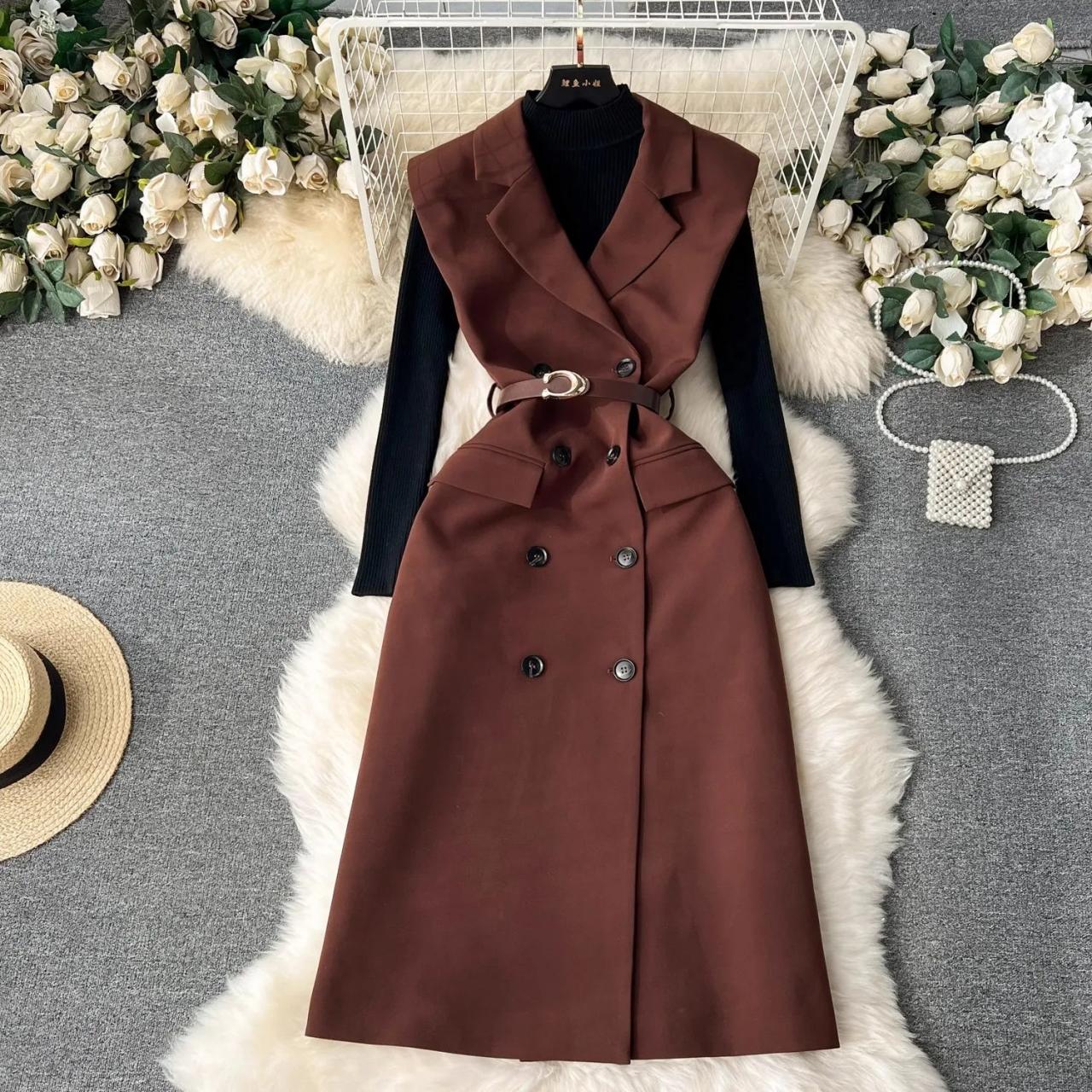 Double-breasted Sleeveless Brown Trench Coat Dress