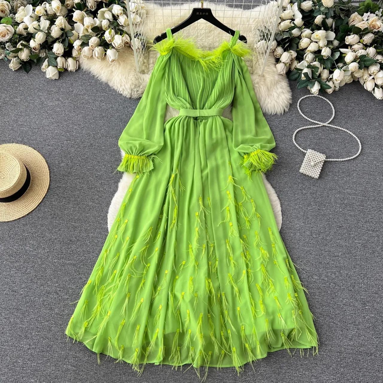 Elegant Green Maxi Dress With Feathered Details
