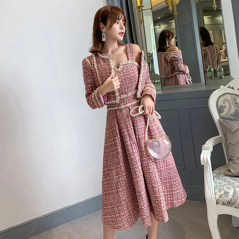 open lace back dress High Quality Patchwork Long Sleeve Tweed Dresses Pink / L main image 1