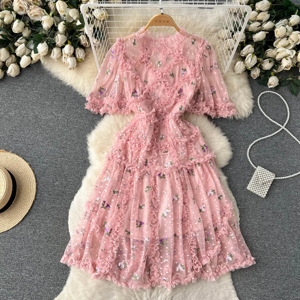 Elegant Pink Floral Ruffled Chiffon Midi Dress