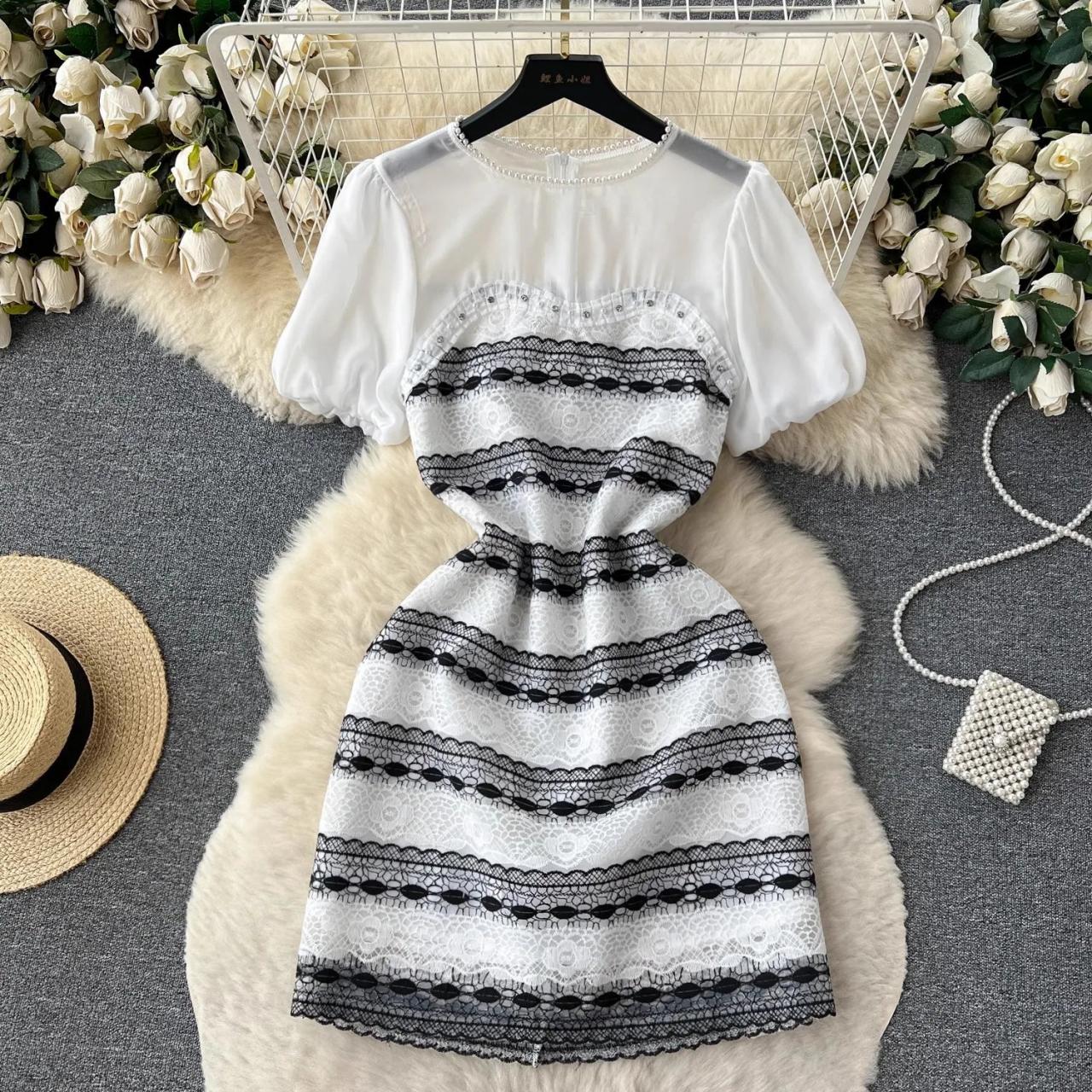 chinese dress ladies Pearl White Stripe Lace Fit and Flare Dress main image 0
