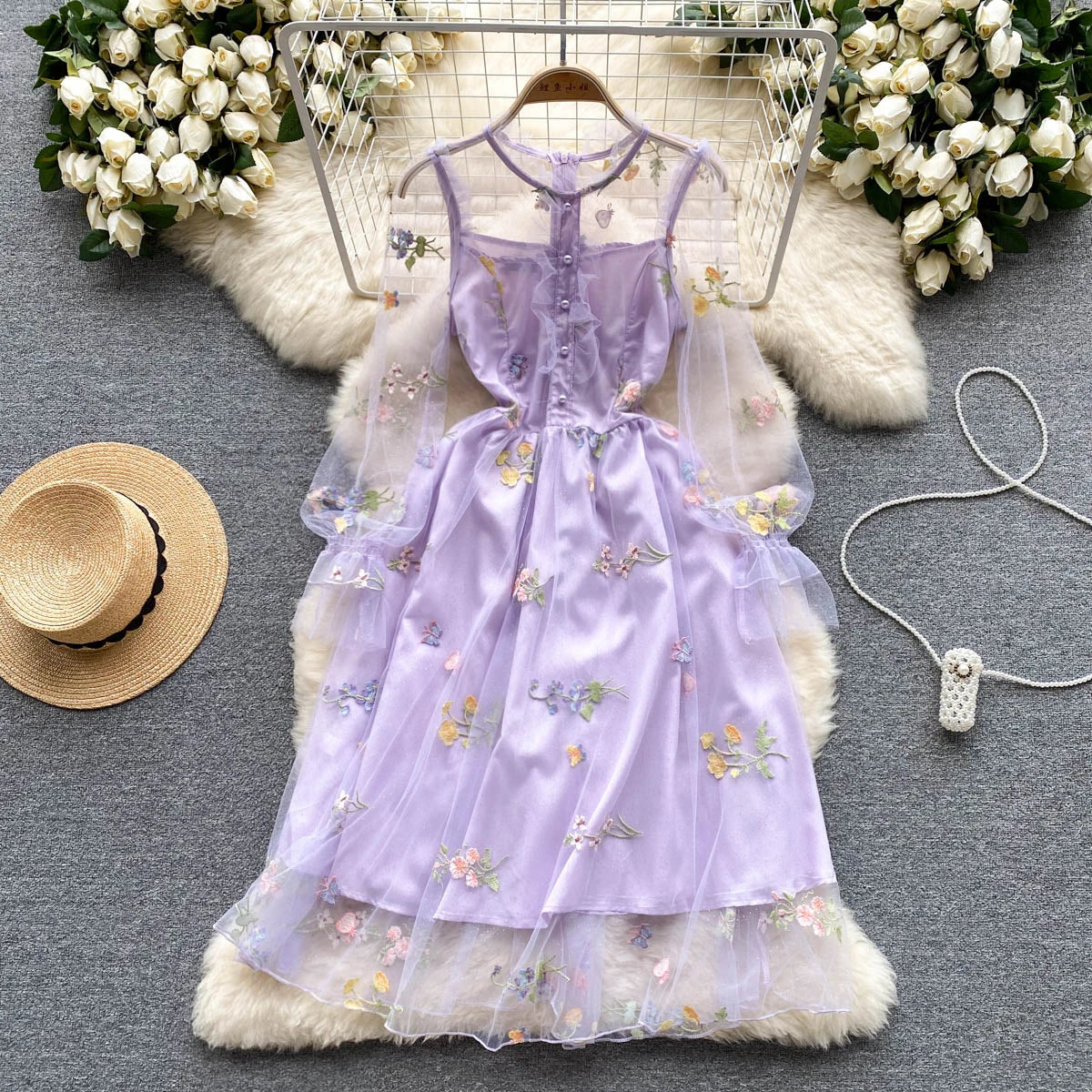 Elegant Floral Embroidered Purple Mesh Dress