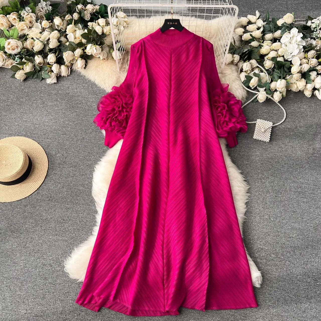 Elegant Fuchsia Maxi Dress with Ruffled Sleeves