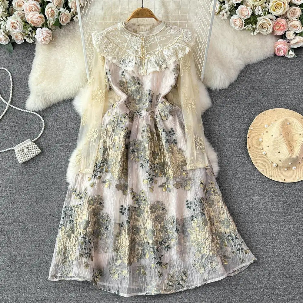 Elegant Vintage Floral Lace Long Sleeve Dress