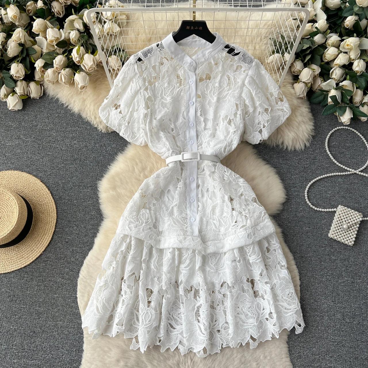 Elegant White Lace Button-up Summer Dress