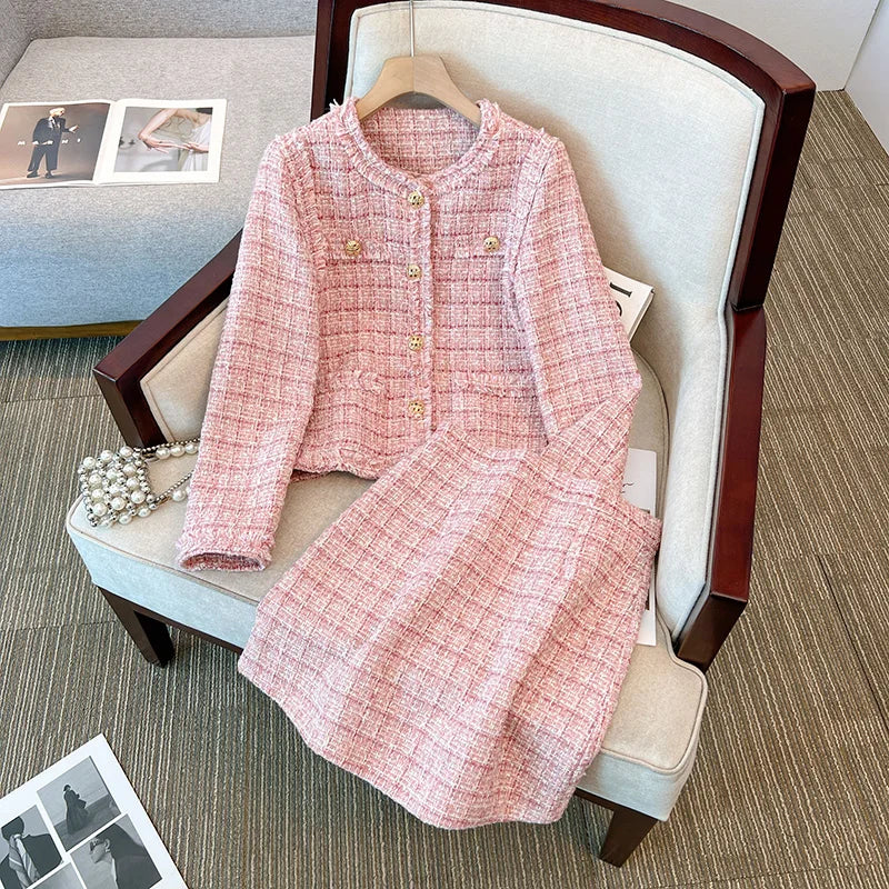 Elegant Pink Plaid Blazer Skirt Suit Set on Luulla
