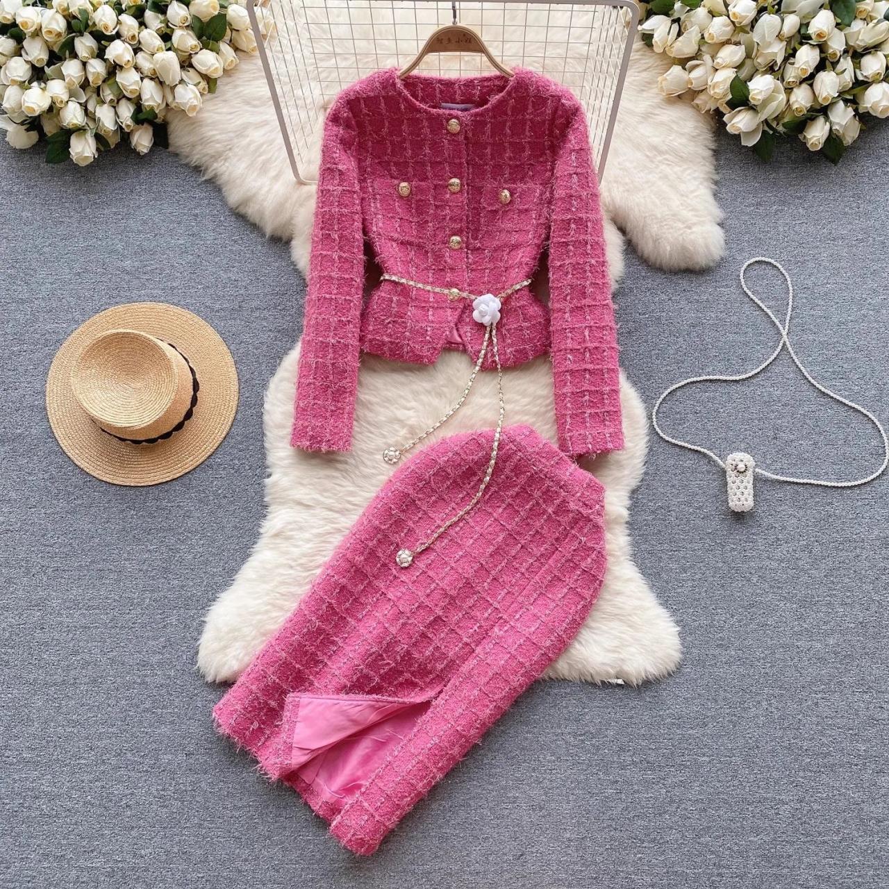 Elegant Pink Tweed Skirt Suit Set on Luulla