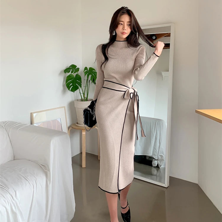 Elegant Ribbed Wrap Dress With Waist Tie