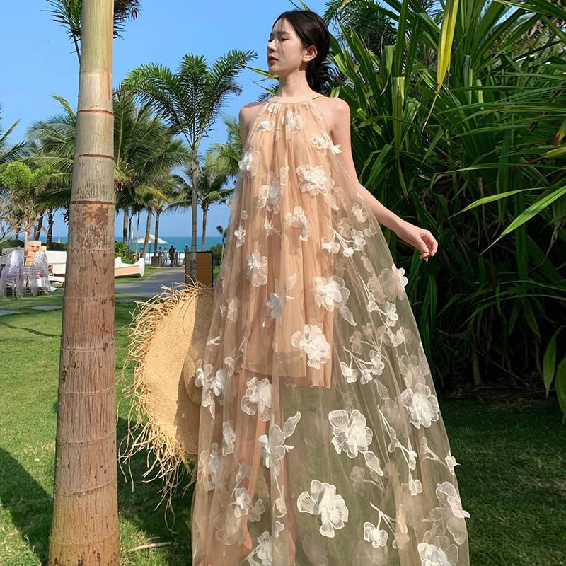 Floral Embroidered Bohemian Sheer Maxi Dress on Luulla