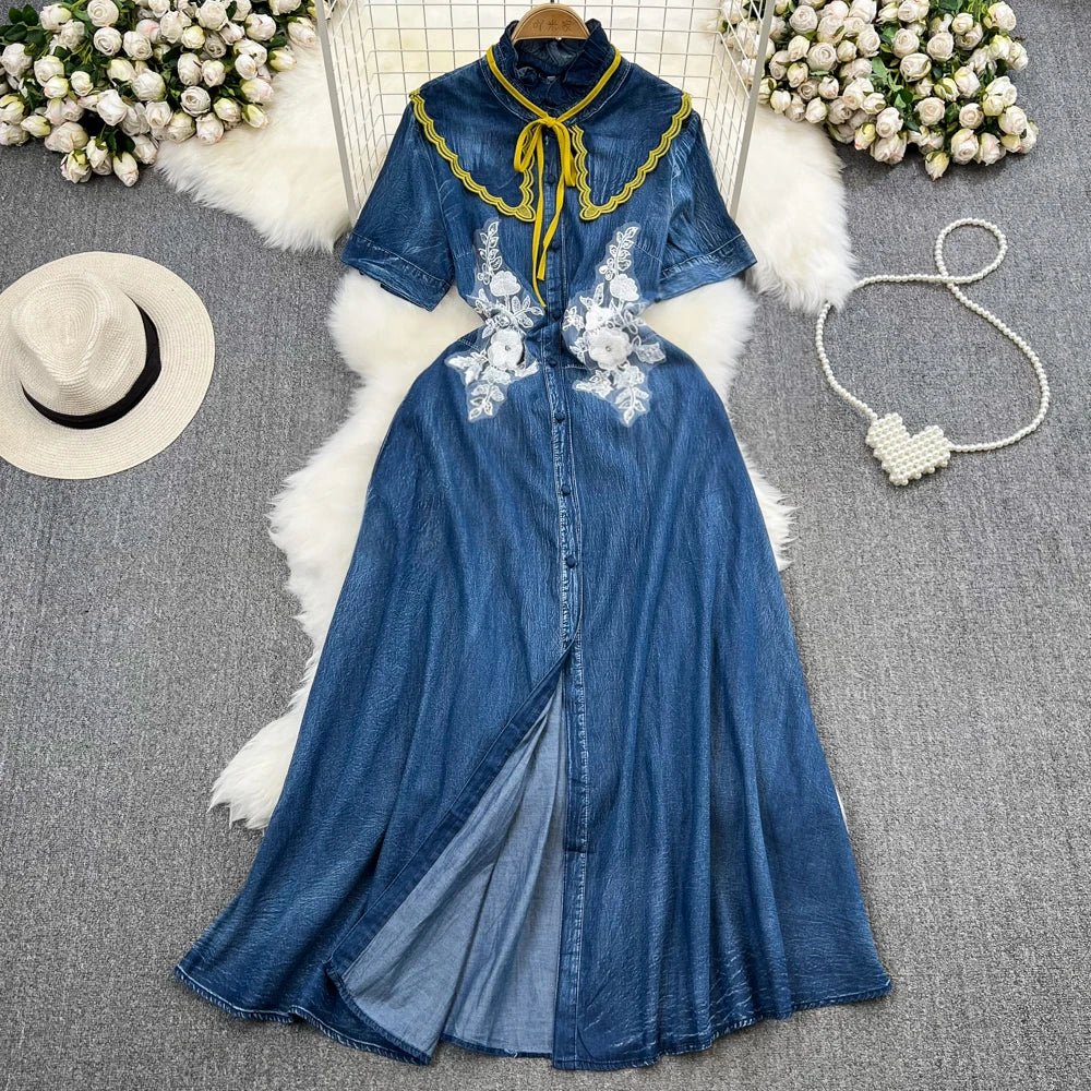 vintage embroidered maxi dress Odessa Blue Floral Embroidered Maxi Dress - The Hippie Shake main image 0