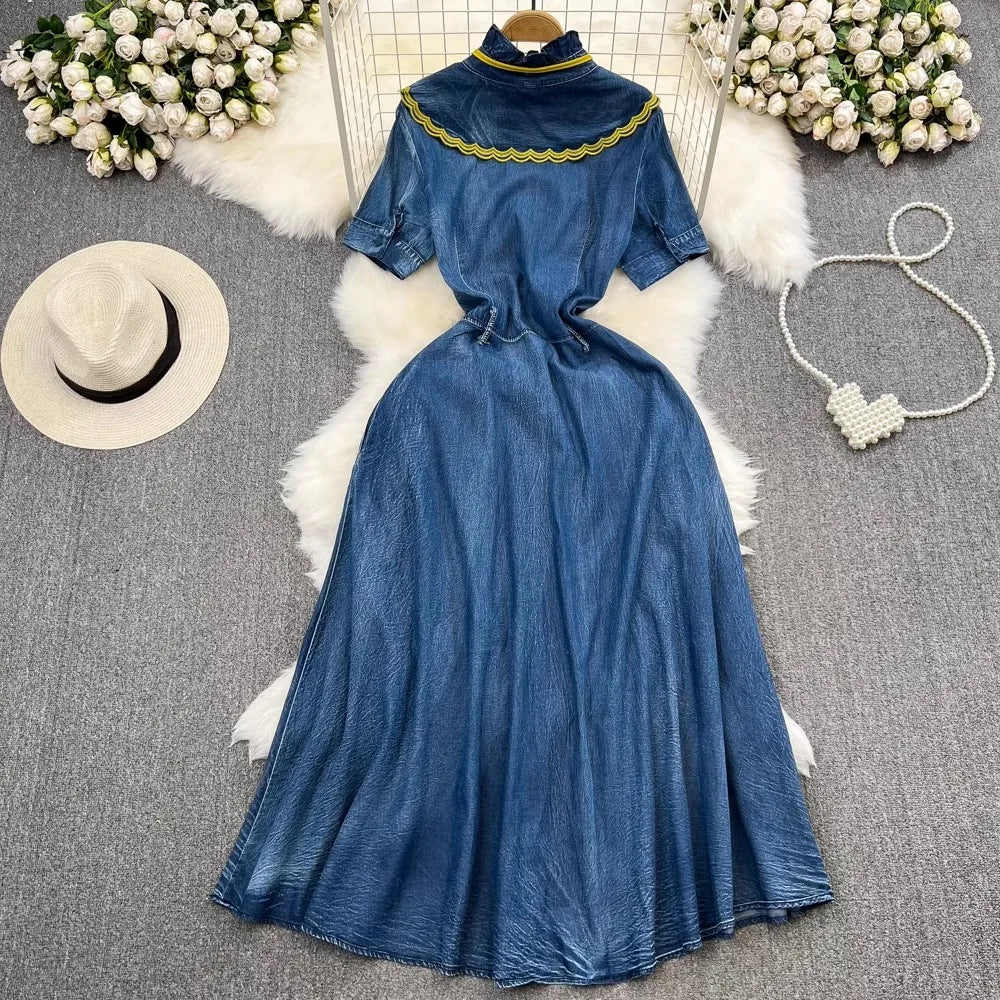Vintage Floral Embroidered Denim Maxi Dress