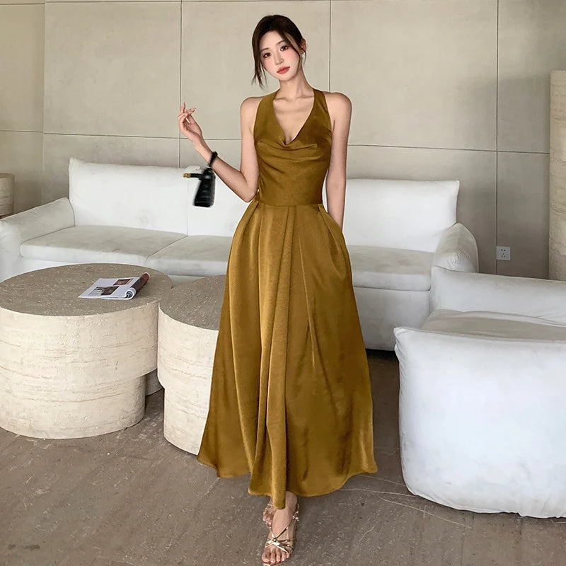 Elegant Gold Halter Neck Evening Maxi Dress
