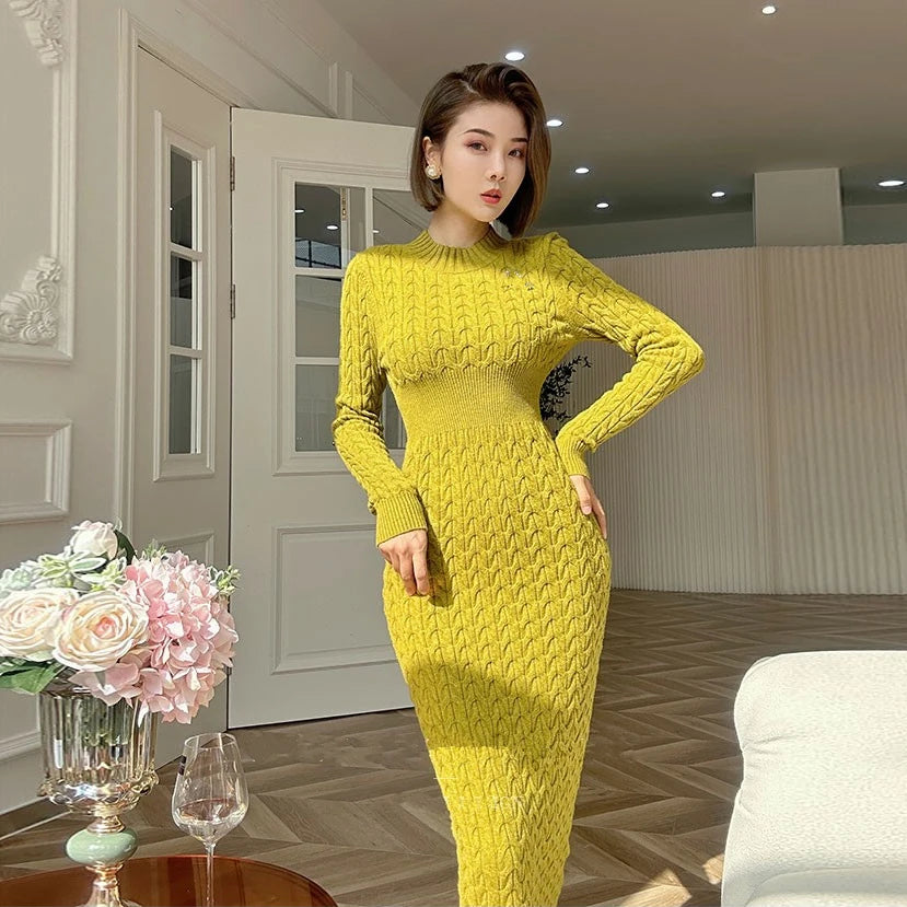 Elegant Yellow Long Sleeve Knit Bodycon Dress on Luulla