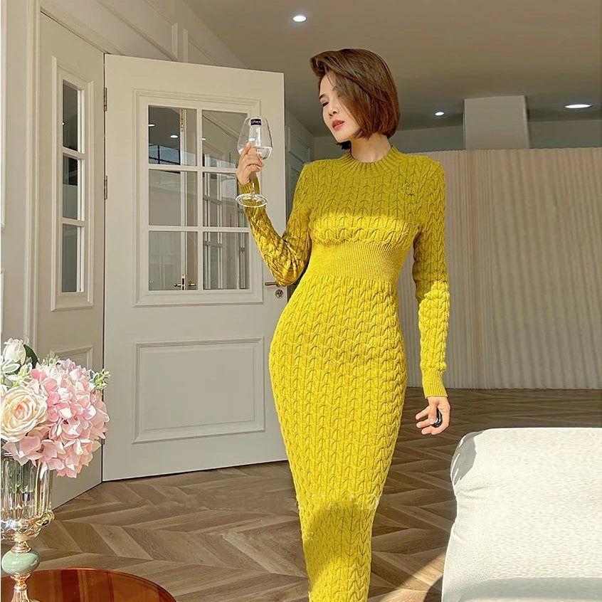 yellow bodycon dress long sleeve Blczomt Slim Women's Dresses Long Sleeve Sexy Black Bodycon Sheath Elegant  Crewneck Dresses
