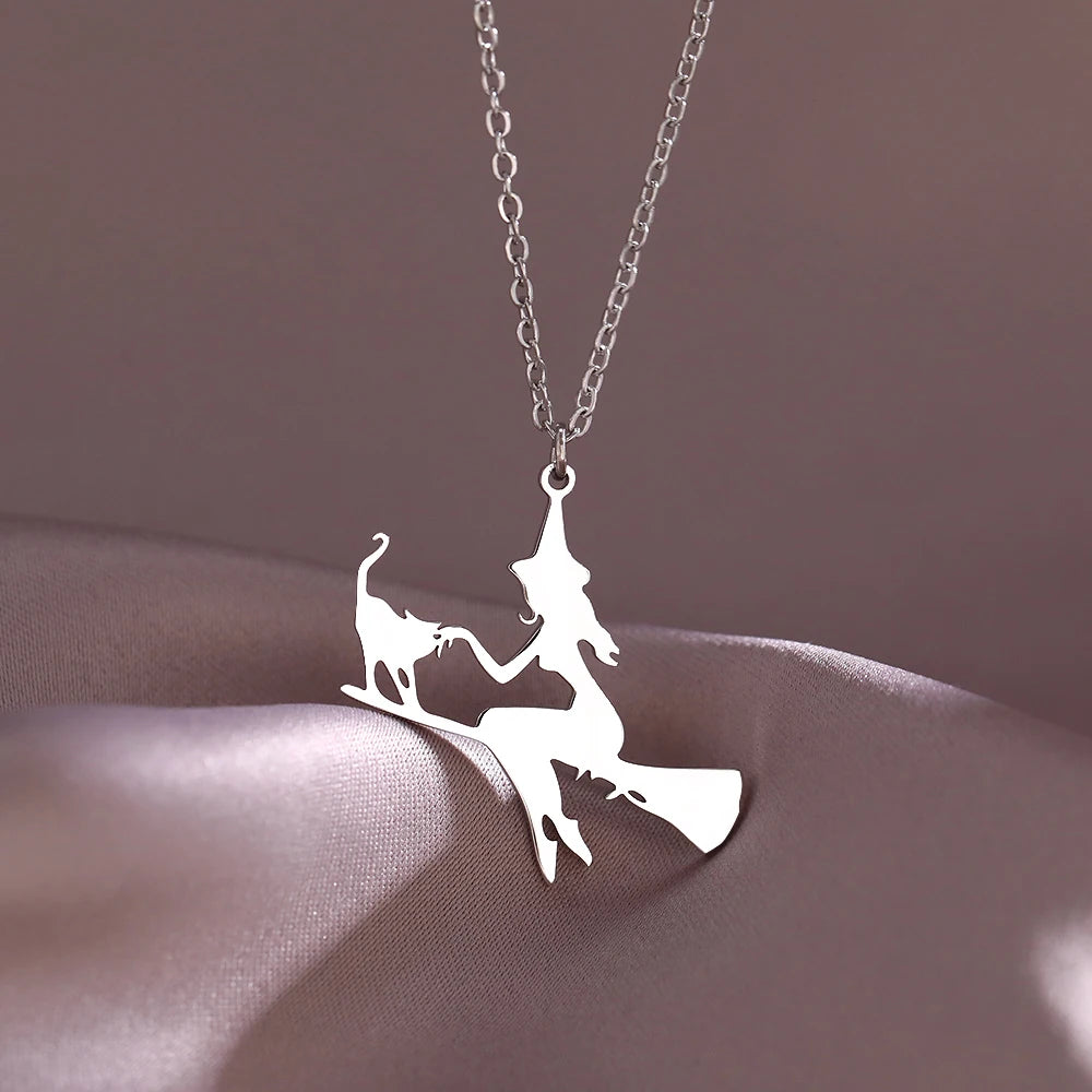 Gold Witch And Cat Pendant Necklace on Luulla