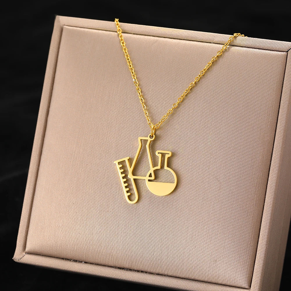 Gold Science Chemistry Flask Beaker Necklace Jewelry